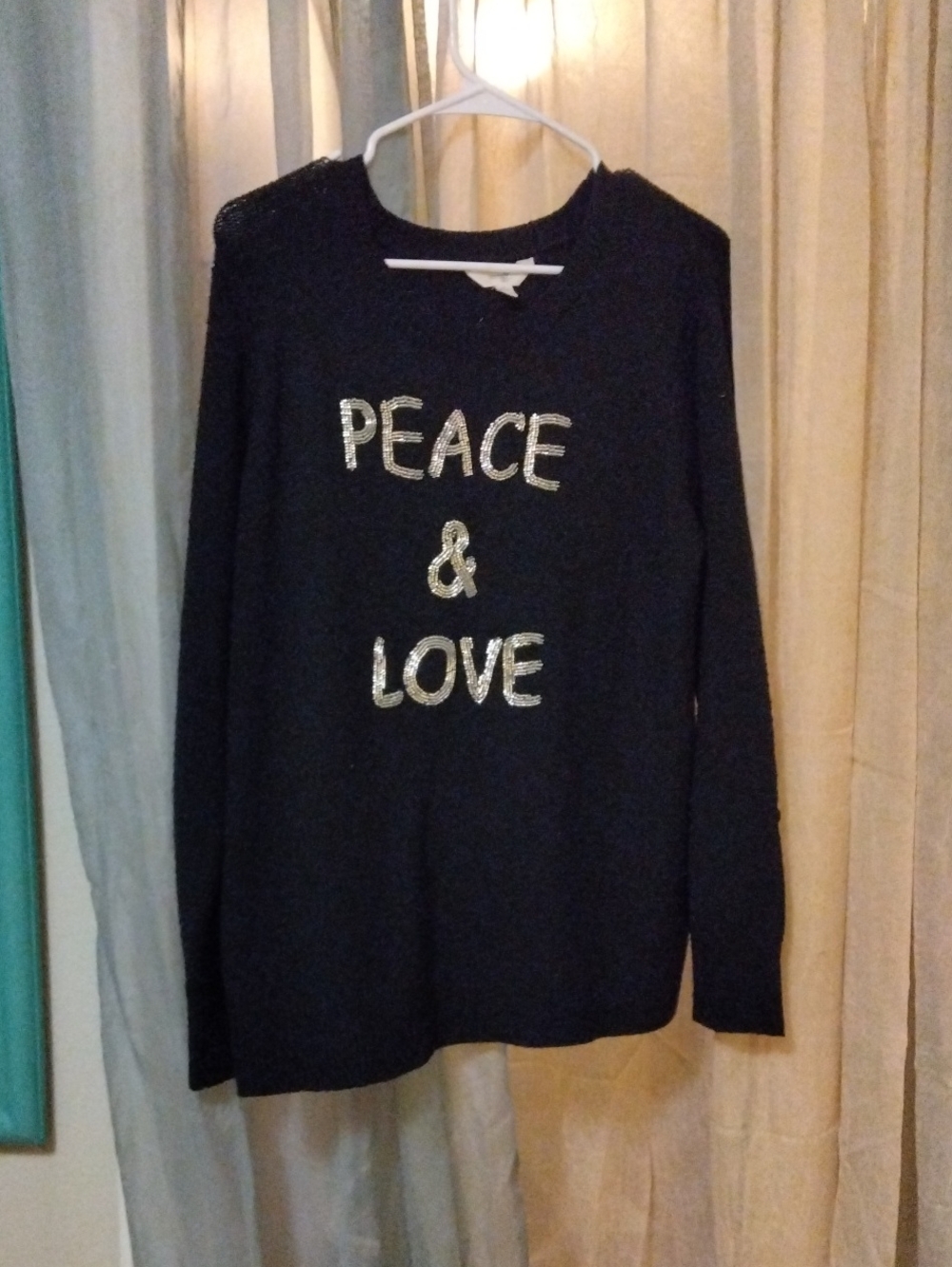 Terra & Sky Black Crewneck Sweater with Gold 'PEACE & LOVE' Text